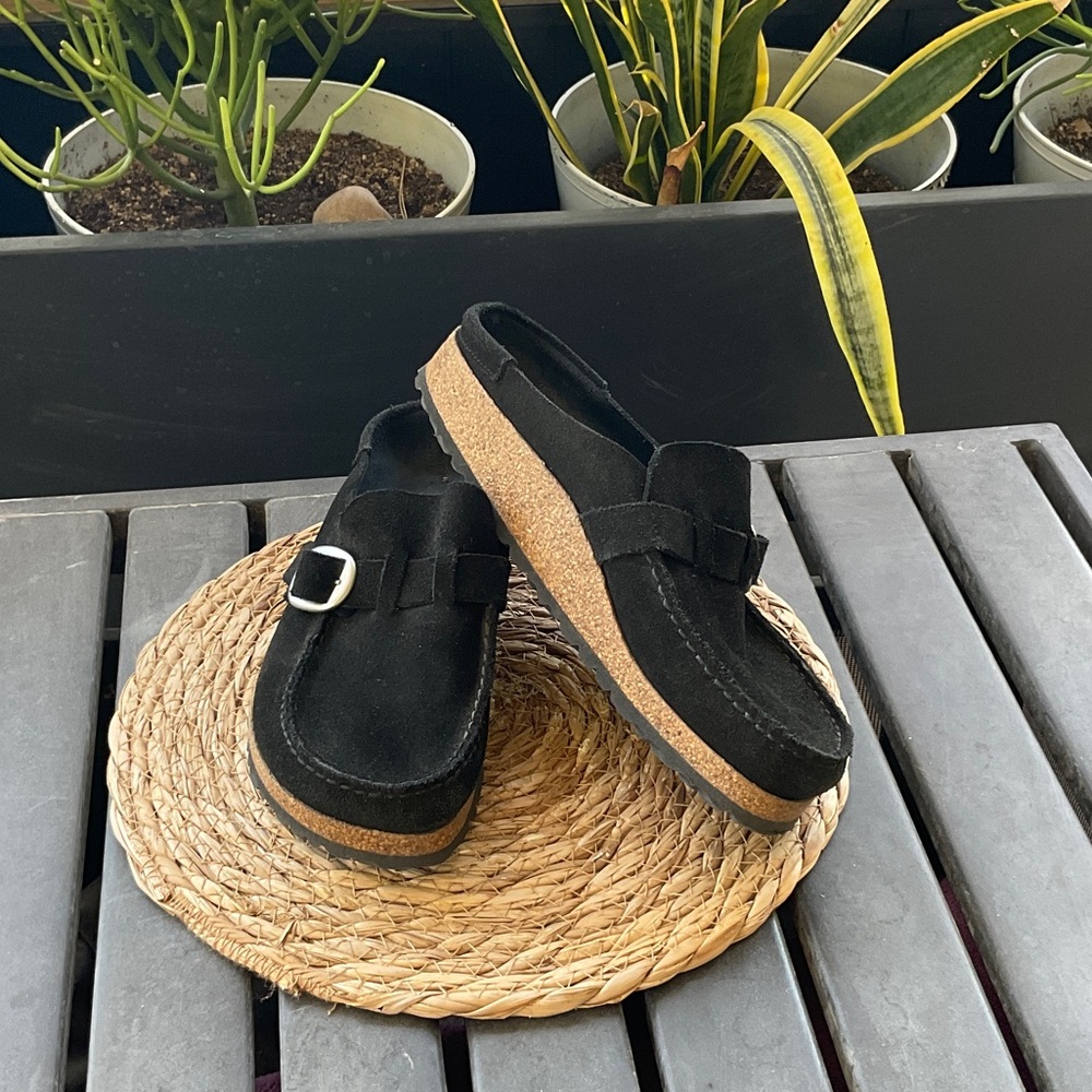 Birkenstock Black Suede Clog Mules with Cork Midsole
